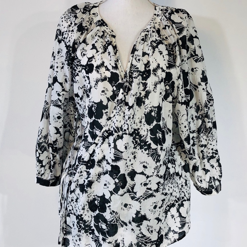Ralph Lauren Black & White Print Linen Wrap Blouse